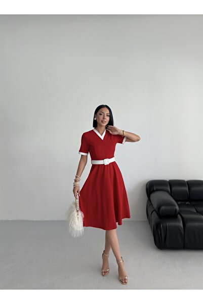 ALFUDO Moda Collection V-Neck Double Color Midi Belted Red Dress