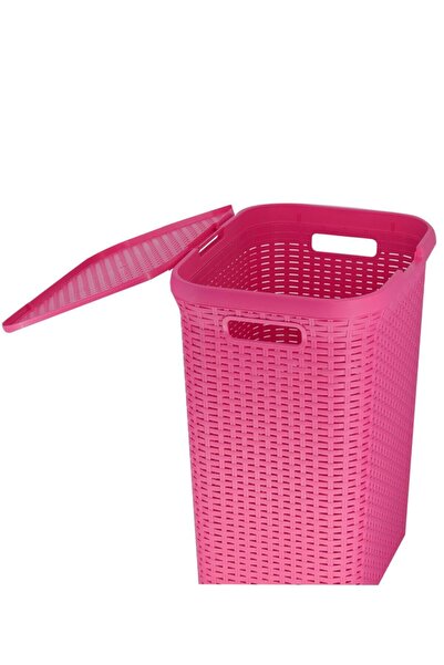 Saban 2'li Set Hasır Desenli Plastik Pembe Çamaşır Sepeti & Pembe Çamaşır Selesi