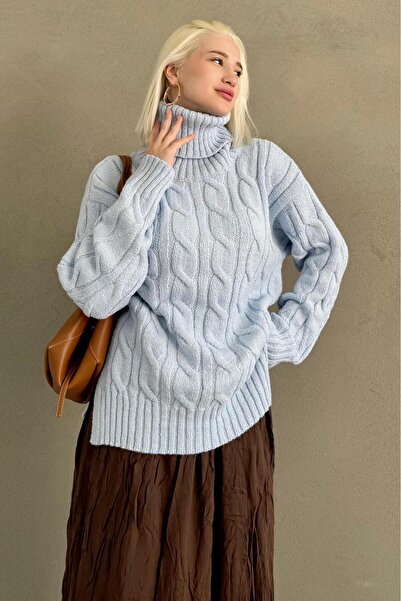 Madmext Pulover albastru din tricot cu gât înalt MG2376