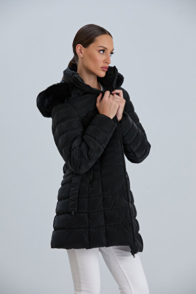 PIQUE Women's Black Coat with Detachable Hood, Fur Detail, and Belted Women's Coat