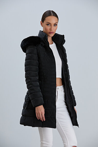 PIQUE Women's Black Coat with Detachable Hood, Fur Detail, and Belted Women's Coat