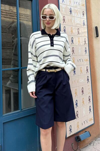 Madmext Kemik Rengi Çizgili Polo Yaka Kadın Kazak Mg2476