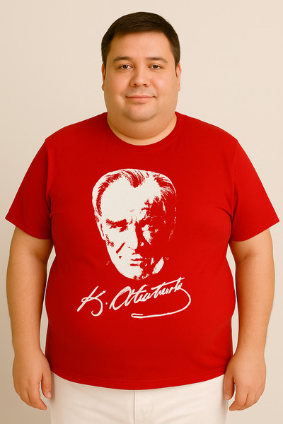 Sibel Günay Butik Atatürk Baskılı Unisex Büyük Beden Kırmızı Tişört | %100 Pamuk | Bisiklet Yaka