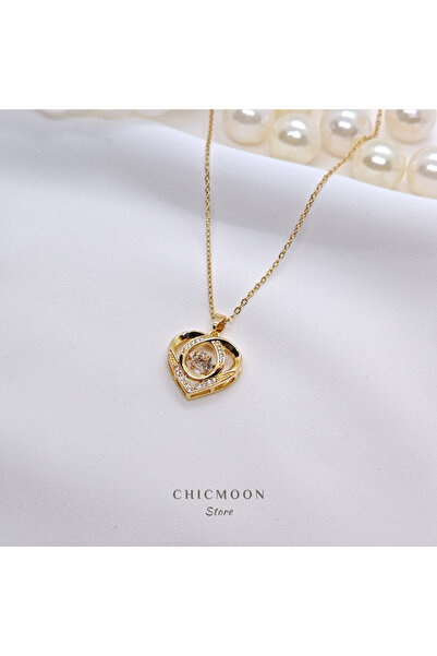 CHICMOON STORE Steel gold color zircon stone knot heart necklace