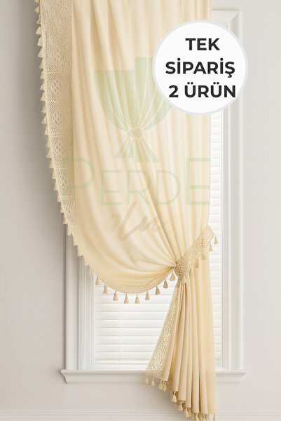 Perdeplus Lace and Tassel Backdrop Curtain 2 Panels (Right - Left), Double Panel, Rustic & Cornice Compatible