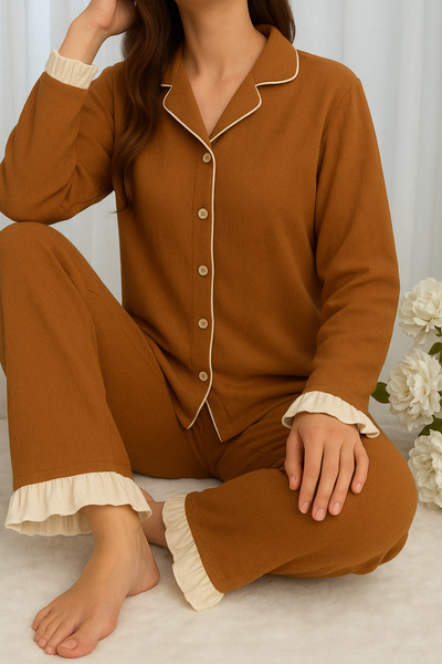 ELİTOL Σετ πιτζάμες με μακρυμάνικο πλεκτό γυναικείο σετ με κουμπιά με μουστάρδα