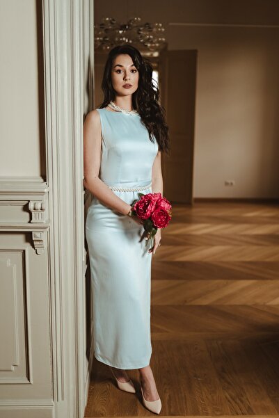 SYLEND Ανοιχτό μπλε κομψό φόρεμα μάξι αμάνικο από Βαμβάκι και Μετάξι με άνοιγμα