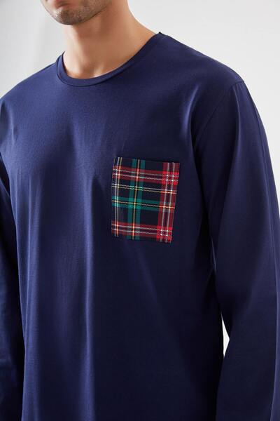 koza iç giyim Ανδρικό βαμβακερό σετ πιτζάμες με τσέπη στο στήθος, μπλε ναυτικό-κόκκινο καρό σχέδιο, μακρυμάνικο με λεπτομέρεια τσέπης