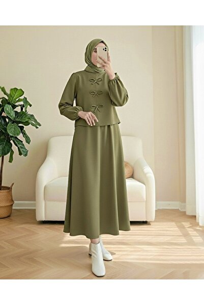 Modamorfo Scuba Suit with Bow Detail on the Front and Skirt - Khaki