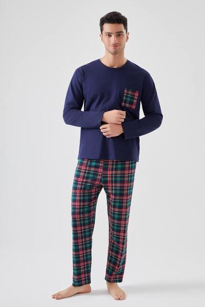 koza iç giyim Ανδρικό βαμβακερό σετ πιτζάμες με τσέπη στο στήθος, μπλε ναυτικό-κόκκινο καρό σχέδιο, μακρυμάνικο με λεπτομέρεια τσέπης
