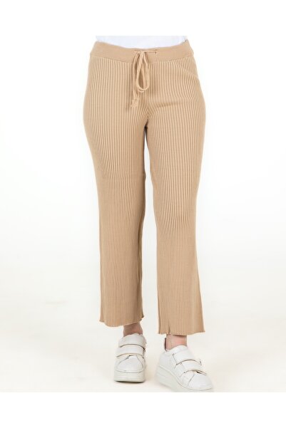 Sortie Pantaloni de tricotat de culoare bej, cu talie elastică, pentru femei