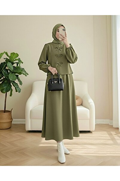 Modamorfo Scuba Suit with Bow Detail on the Front and Skirt - Khaki