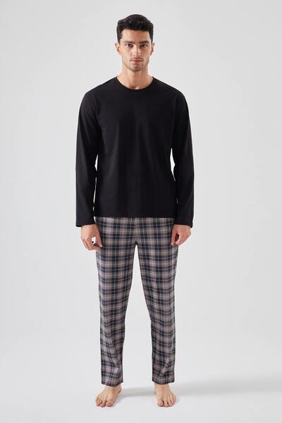koza iç giyim Erkek Pamuklu Uzun Kollu Yamalı Ekose Desenli Pijama Takımı