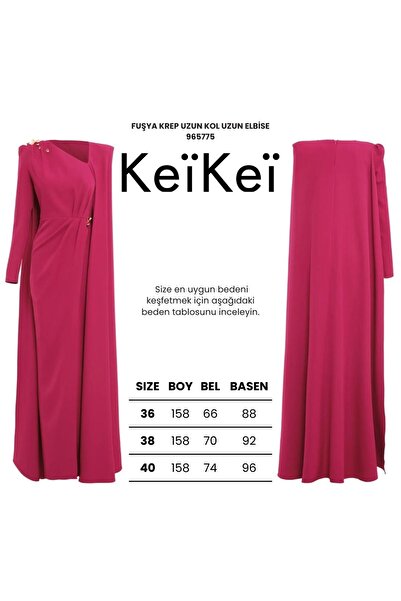 Keikei Fuşya krep uzun kol uzun elbise
