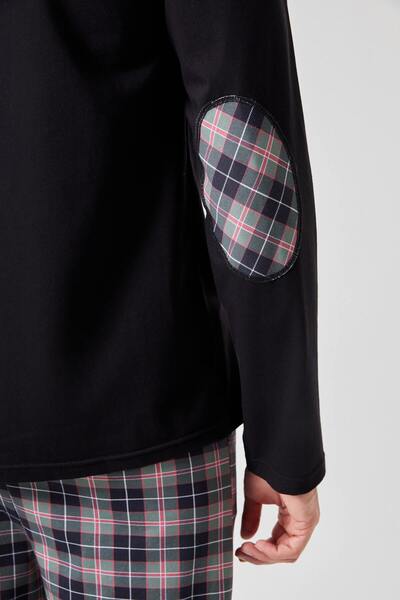 koza iç giyim Erkek Pamuklu Uzun Kollu Yamalı Ekose Desenli Pijama Takımı