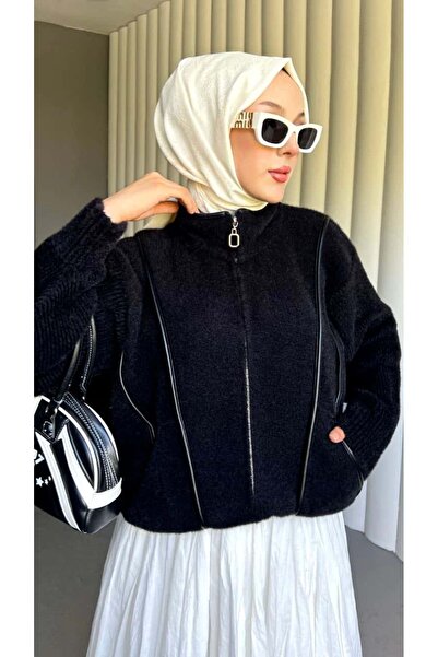 demet's collection Meltem Zippered Angora Long Winter Cardigan with Stripe Detail and Pockets