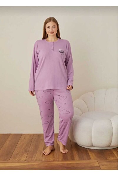 Eyfuze Women's Winter Plus Size Curve Embroidered Patterned Collar Buttoned Long Sleeve Pajama Set