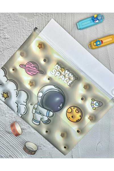 ZeCo Collection Galaksi Macerası Şeffaf Tek Bölmeli A4 Fermuarlı Dosya Klasörü / Belge Dosyası/Düzenleyici Klasör
