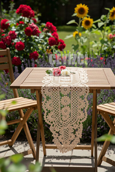 Çt Çeyizci Tekstil Fransız Dantel Detaylı Tek Runner, Masa Üzerine Runner, Masa Örtüsü Runneri