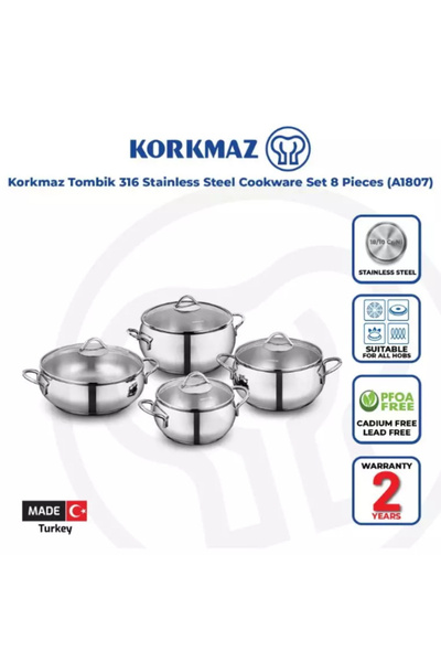 KORKMAZ Tombek Stainless Steel Cookware Set, 8 Pieces. Capacity. 1.8LT - 3.5LT - 5.5LT - 2.8LT. / A1807