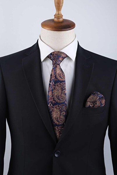 Kravatkolik Lacivert Şal Desen Mendilli Klasik Kravat KK13122