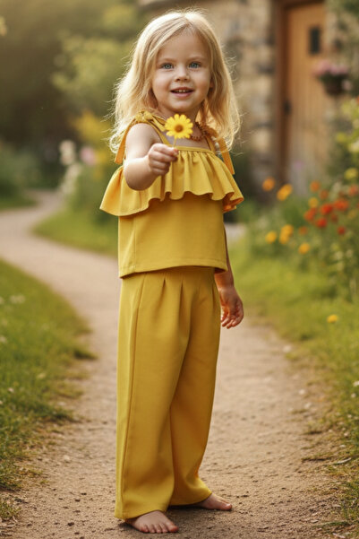 Parla Kids Kız Çocuk Ruffle Sarı Fırfırlı Bluz Pantolon Alt Üst Takım