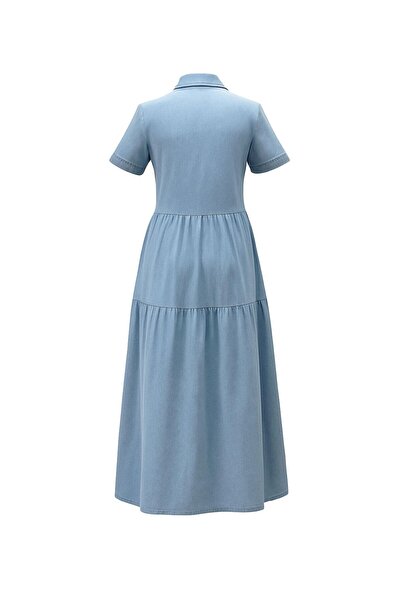Sezgi Tekin Boydan Düğmeli Kısa Kol Midi Buz Mavi Denim Elbise