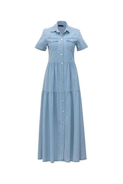 Sezgi Tekin Boydan Düğmeli Kısa Kol Midi Buz Mavi Denim Elbise