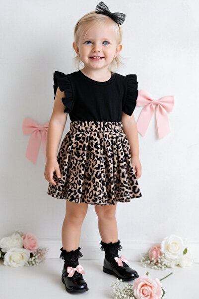 Parla Kids طقم فستان بناتي بأكمام قصيرة وكشكشة على شكل الفهد