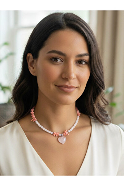 AYDOTA Pembe Kuvars ve Mercan Kalp Kolye - Pembe Kuvars ve Lepidolit Kalpli