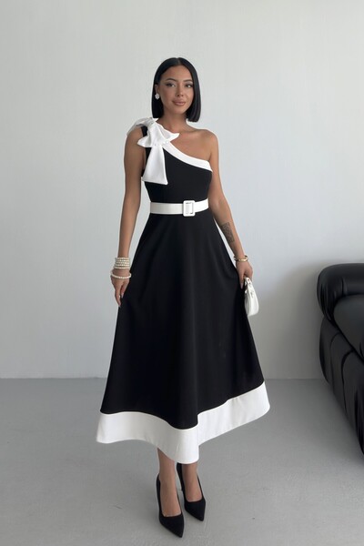 ALFUDO Moda Collection Rochie de seară neagră midi pentru femei, cu centură p...