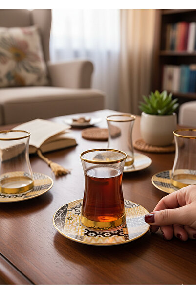 Paşabahçe PAŞABAHÇE HEYBELİ ÇAY BARDAKLI PORSELEN TABAKLI 12 PARÇA ÇAY TAKIMI