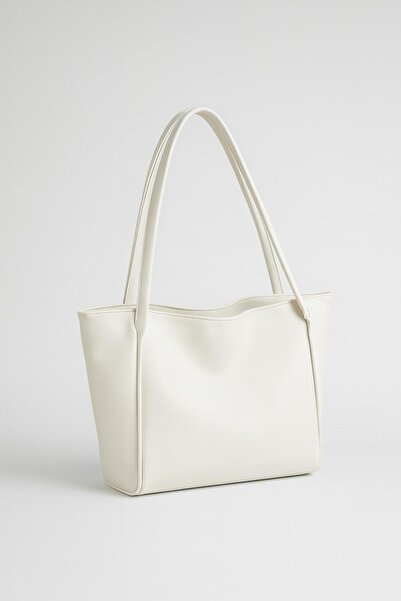 RumyaCollection Women's Large Size Soft Leather Zipper Closure Handle and Shoulder Double Handle Shopper Bag White