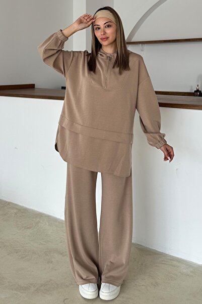 Olcay Hooded Zipper Detailed Premium Fabric Sweat Pants Set Kamel 9373-Tk