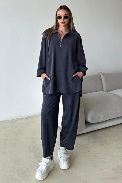 Olcay Tunika-Hosen-Set aus hochwertigem Strickstoff mit Reißverschluss am Kragen INDIGO 9375-TK