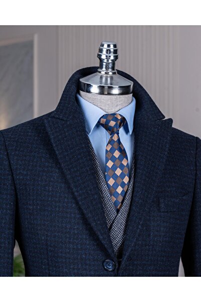 TerziAdemAltun Ανδρικό παλτό με μυτερό γιακά με λεπτή εφαρμογή ιταλικού στυλ, μαργαριταρένιο μπλε navy T13442