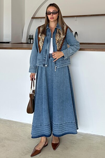 Olcay Fermuar Kapamalı Dikiş Detaylı Ceket Etek Denim Takım MAVİ 9380-TK