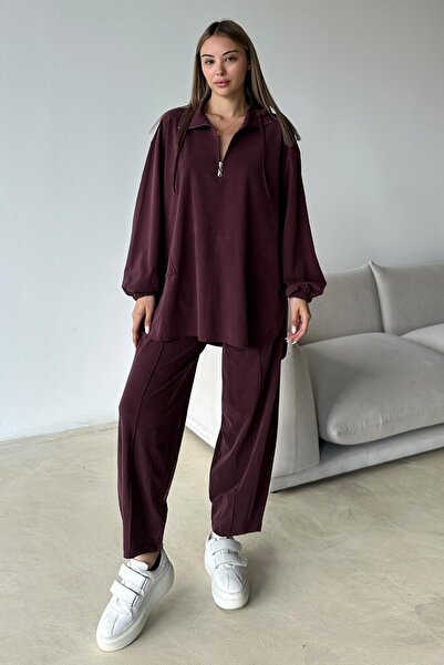 Olcay Premium Knitted Fabric Tunic Pants Set with Zipper Detail at the Collar Bordo 9375-Tk
