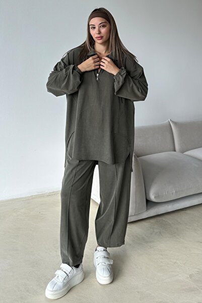 Olcay Yakası Fermuar Detaylı Premium Örme Kumaş Tunik Pantolon Takım HAKİ 9375-TK