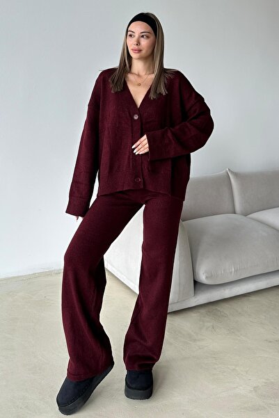 Olcay V-Neck Cardigan Pants Knitwear Set Bordo 9368-Tk