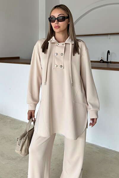 Olcay Premium-Stoff-Freizeithosen-Set mit Metallaccessoires CREME 9372-TK