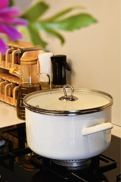 MAKRİ HOME Inner Outer Enameled Pot, Saucepan, Frying Pot, Yogurt Milk Pot, 22 Cm, 4 L, White