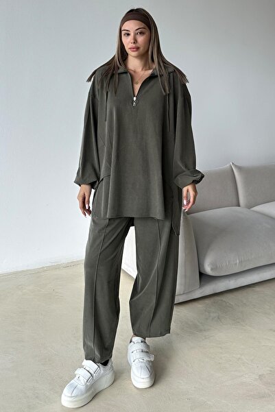 Olcay Yakası Fermuar Detaylı Premium Örme Kumaş Tunik Pantolon Takım HAKİ 9375-TK