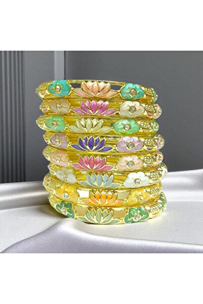 POKAK Colorful Enamel Pearlescent Lotus Handcuff Bracelet