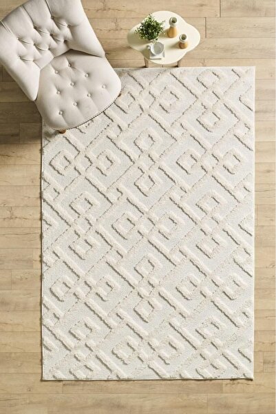 Carpettex Halı Yumuşak Bukle Tabanlı Modern kabartmalı 3D Labirent Kare Desenli Gri Renkli Halı