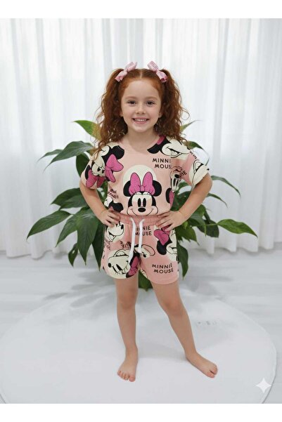 Store Sevimli Simli Fiyonk Baskılı kız Çocuk Kısa Kollu Yazlık Takım