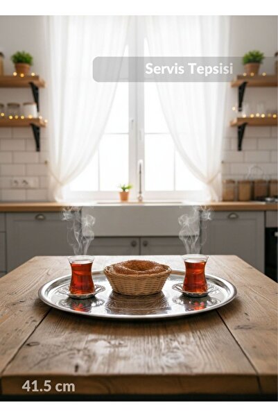 Jet's Home Geleneksel Çelik Sini – 41,5 cm Paslanmaz Yemek Tepsisi, Çay ve Ka...