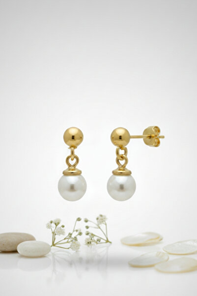 bymissmücevherat 14K Altın Kaplama Gümüş Mayorka İnci 6mm Sallantılı Küpe 1.5cm