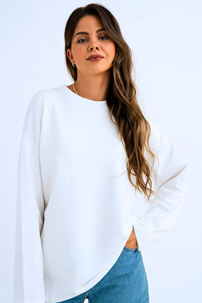 GUARAZ Kadın Relax Fit Rahat Kesim %100 Pamuk Uzun Kollu Bisiklet Yaka Basic Tişört