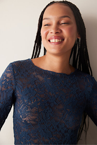 Penti Lacivert Uzun Kollu Dantel Üst